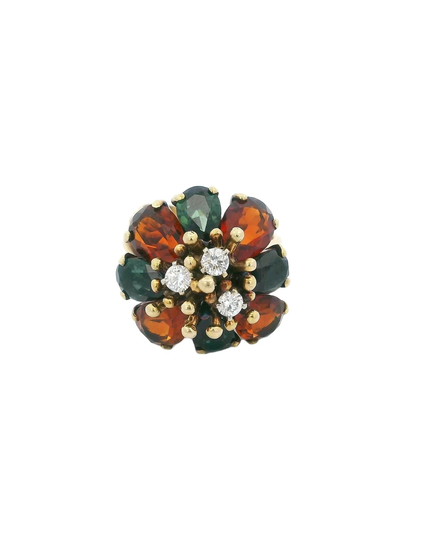 La Triomphe 14k Citrine Peridot Floral Cluster 3 Diamonds Ring