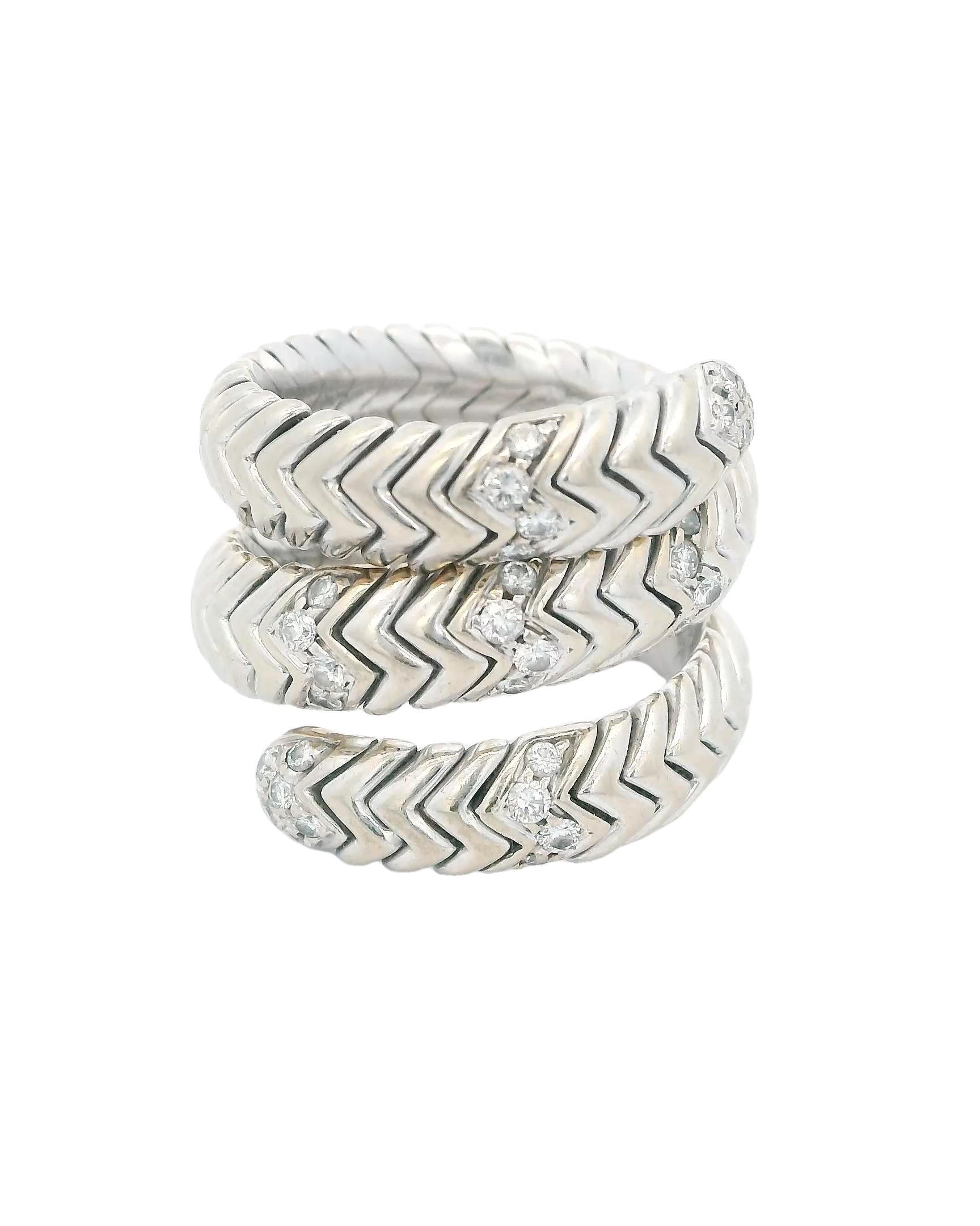 Bvlgari Spiga 18k White Gold Double Wrap 7 Diamond Sections Ring