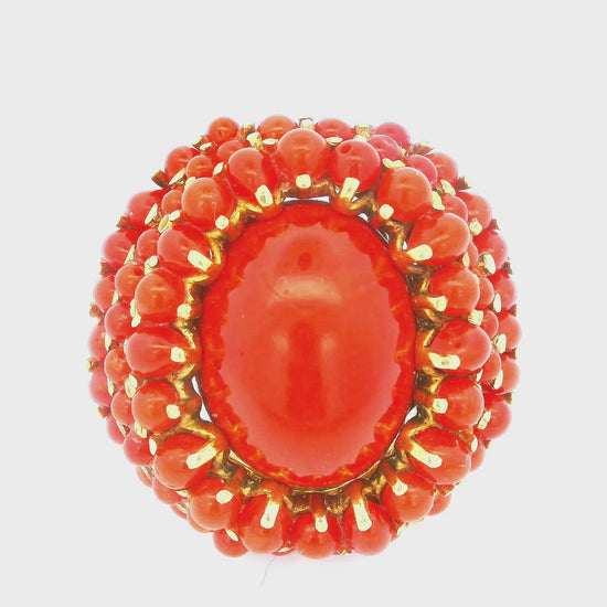 18K Yellow Gold Ring Coral Pave